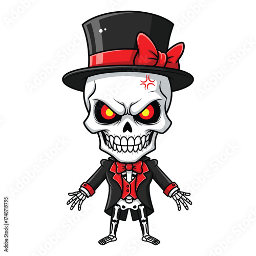 Spooky cartoon skeleton character wearing a top hat and bow tie