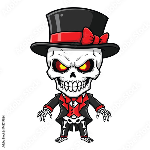 Spooky cartoon skeleton character wearing a top hat and bow tie