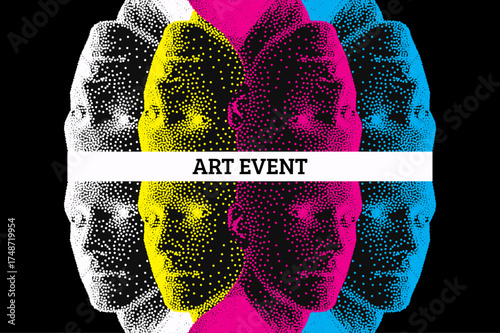 Art event invitation template. Several faces superimposed on each other and mirrored horizontally. Poster for the performance. 3D illustration for brochure, cover, card, presentation, flyer or banner.