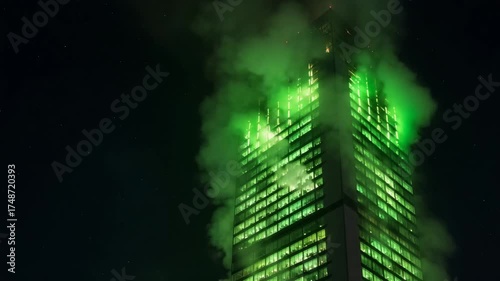 Futuristic Green-Lit Skyscraper with Orange Crest Glow at Night