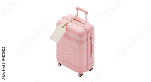 Stylish pink rolling suitcase with luggage tag on white background