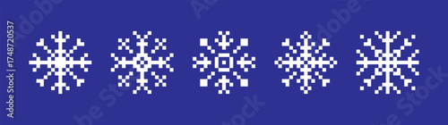 set of pixel square abstract line snowflakes icons, snowflake snow symbol collection for new year, Christmas, winter cards, poster, banner, pattern, advertisement, snowflakes vector icon template	