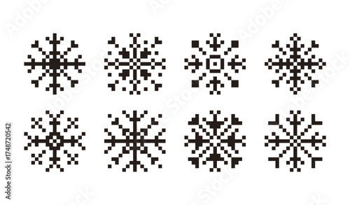 set of pixel square abstract line snowflakes icons, snowflake snow symbol collection for new year, Christmas, winter cards, poster, banner, pattern, advertisement, snowflakes vector icon template	