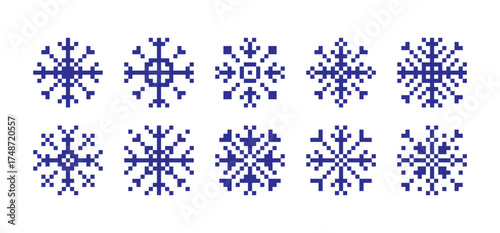 set of pixel square abstract line snowflakes icons, snowflake snow symbol collection for new year, Christmas, winter cards, poster, banner, pattern, advertisement, snowflakes vector icon template	