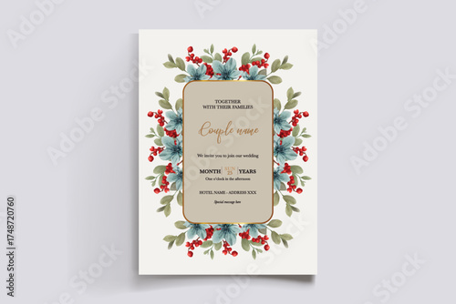 WEDDING INVITATION FRAME WITH FLOWER DECORATIONS AND FRESH LEAVES