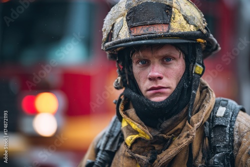Firefighter ready by the engine