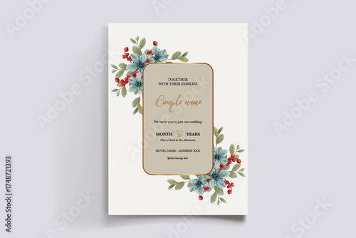 WEDDING INVITATION FRAME WITH FLOWER DECORATIONS AND FRESH LEAVES