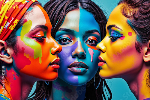 Abstract colorful painting of three women's faces blending together in vibrant pop art style. Creative artwork representing diversity, unity, friendship, and celebration of color like holi festival