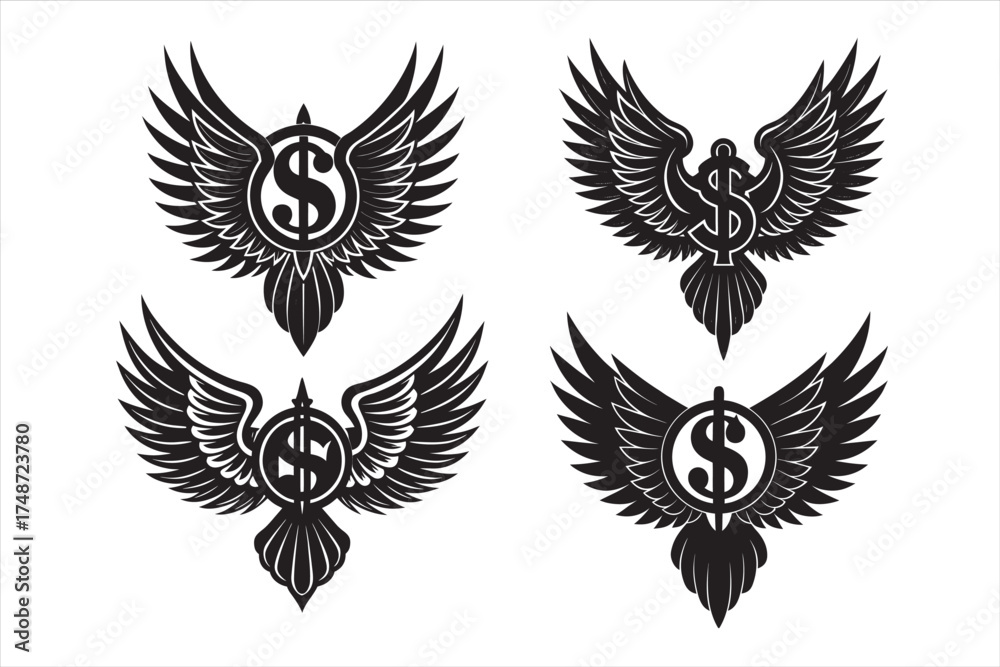 Fototapeta premium Dollar wing symbol silhouette vector art file