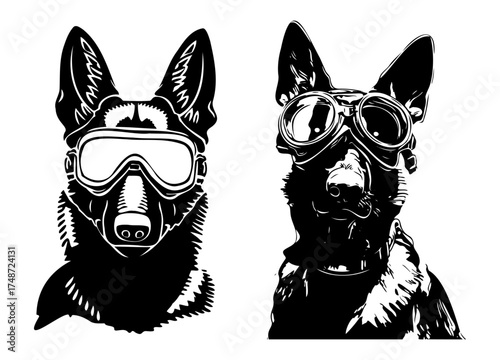 German Shepherd dog with goggles – black and white vector illustration