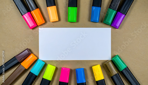 Arrangement of colorful markers around a blank white card
