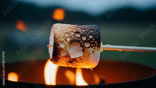 Person roasting marshmallow on stick over campfire with fire in outdoor setting. Picnic with sweet food confectionery on vacation