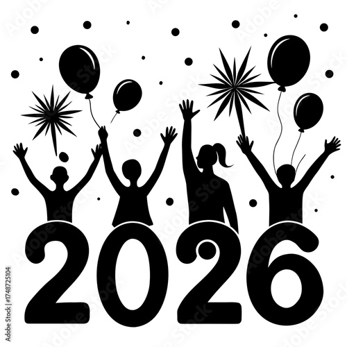 Colorful party people dancing happy new year 2026  silhouette vector illustration