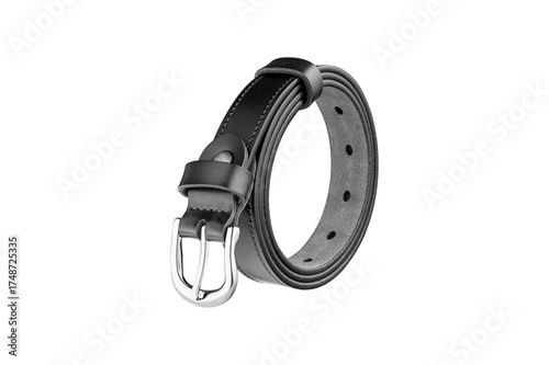 Close-up of a stylish black leather belt with shiny buckle. Perfect for fashion design, blogs, and online store visuals.