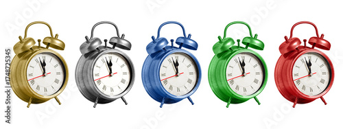 Collection of classic retro alarm clocks in gold, silver, blue, green, and red colors isolated on white background