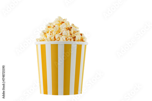 Delicious popcorn, classic box, classic paper cup with Yellow stripe, isolated on white background close-up