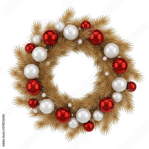 Golden christmas wreath with red and white ornaments