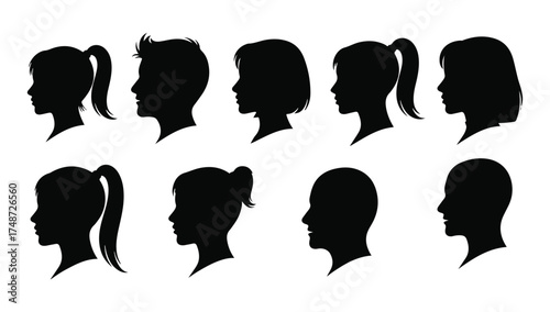 Collection of diverse black silhouettes of human heads and faces in profile view