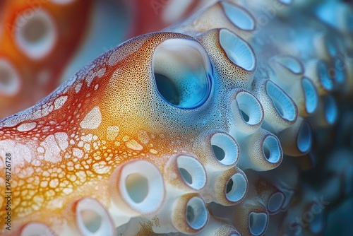 Macro shot of an octopus tentacle, showcasing vibrant colors, intricate textures, and iridescent suction cups in stunning detail.