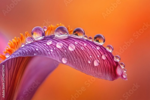 A mesmerizing macro capture of a vibrant purple flower petal adorned with glistening water droplets, each reflecting a golden-orange backdrop.