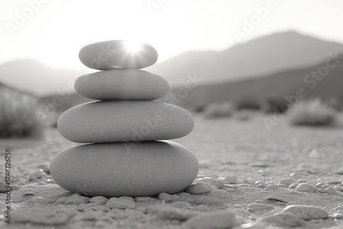 Serene stack of balanced, smooth stones catches sun rays in a tranquil desert. Monochrome image evokes peace and mindfulness.