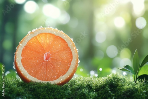 A fresh, juicy orange slice, glistening with water droplets, rests on vibrant green moss under dappled sunlight, evoking natural freshness and vitality.