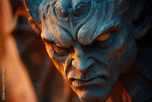Dramatic close-up of a menacing stone gargoyle face, intricately sculpted and illuminated by contrasting warm and cool light, evoking ancient dread.