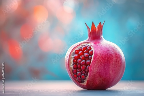 A vibrant, fresh pomegranate, partially opened, reveals its glistening red arils. Beautifully illuminated against a soft, colorful bokeh backdrop.