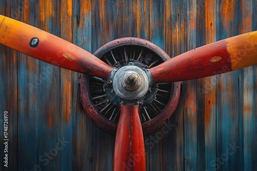 Vintage airplane propeller, red-yellow blades, detailed engine hub. Rustic wooden wall backdrop, distressed blue, orange peeling paint creates aged charm.