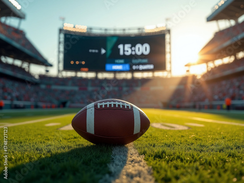 A cinematic close-up of a jumbotron over the end zone, a football on the tee below, bathed in golden-hour light.