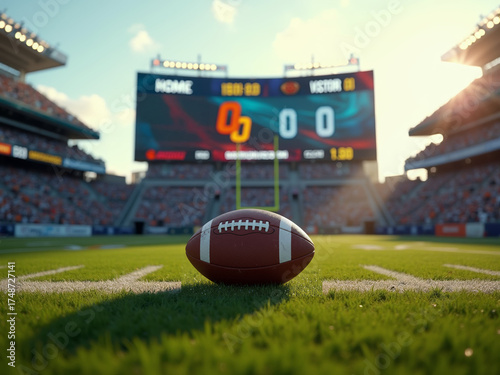 A cinematic close-up of a jumbotron over the end zone, a football on the tee below, bathed in golden-hour light.