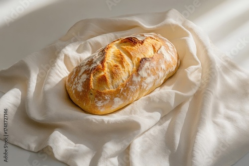 A golden-crusted artisan bread loaf, freshly baked and dusted with flour, rests invitingly on a soft, natural linen cloth under warm sunlight.
