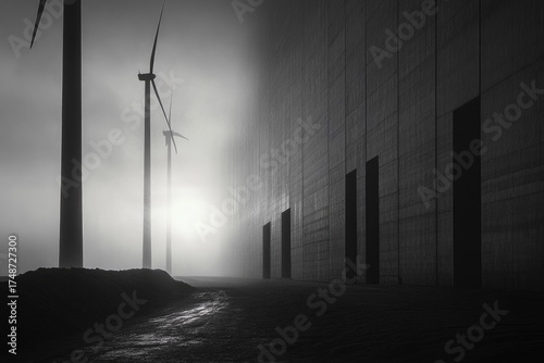Silhouetted wind turbines in a foggy, monochromatic landscape next to a massive, dark textured wall with abstract openings and a reflective path.