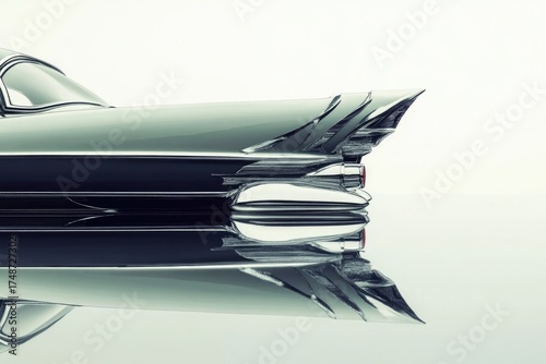 Striking close-up of a classic car's sleek tail fin and chrome details, reflecting its elegant lines against a minimalist background.