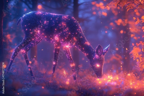 A mesmerizing digital deer, adorned with glowing pink and purple lights, grazes in an ethereal forest bathed in warm, luminous hues.