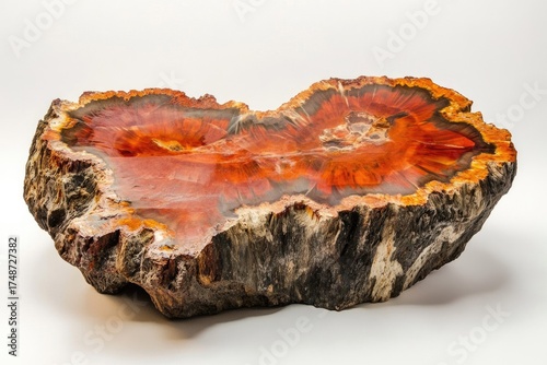 Stunning polished cross-section of petrified wood revealing vibrant orange, red, and brown mineralized patterns and intricate natural textures.