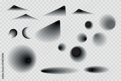 Different realistic round shadow, soft shapes on transparent background. Gray circular and ellipse shadows set. Vector illustration.