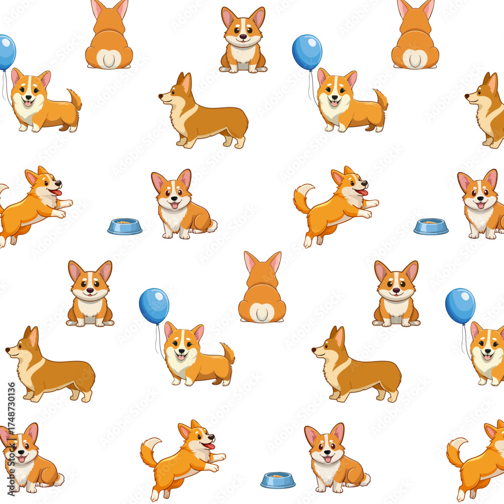 Naklejka premium Transparent background with funny dogs.Vector seamless pattern with funny corgi dogs in different poses on a transparent background.