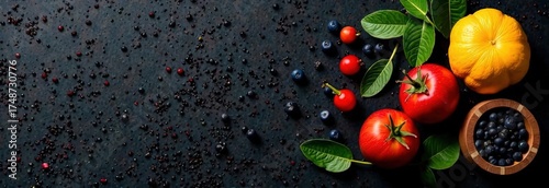 A composition featuring vibrant red tomatoes, blueberries, and a bright yellow squash arranged with green leaves on a dark, textured background, enhanced by scattered berries and seeds