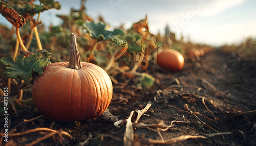 close up on pumpkin in the field in autumn
