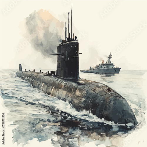Submarine, watercolor vector, isolated on a white background.