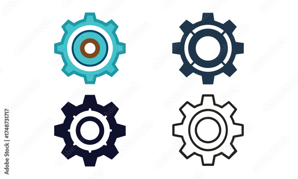 Obraz premium Set of four gear icons in diverse styles vector illustration scalable eps for design projects isolated on white background