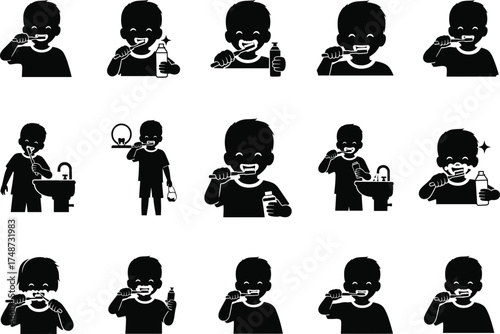 Kids Brushing Teeth Silhouettes Collection | Child Dental Care Vector Icon Set