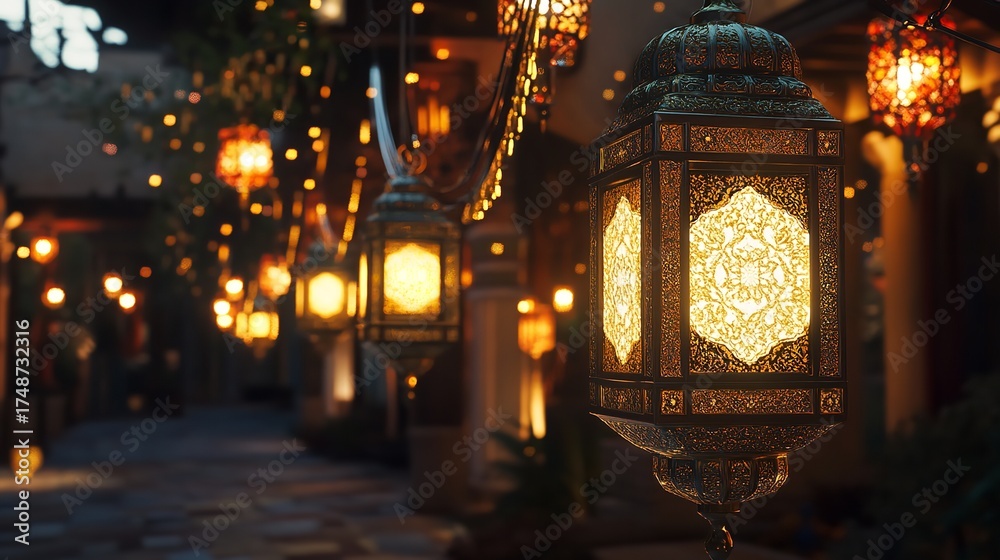 Obraz premium An enchanting evening glows with ornate lanterns casting intricate shadows on a warm stone alleyway
