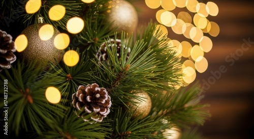 Festive christmas tree close-up with blurry golden lights and pinecones festive holiday decoration