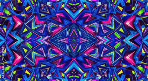 Abstract digital art kaleidoscope pattern with vibrant blue pink green geometric shapes