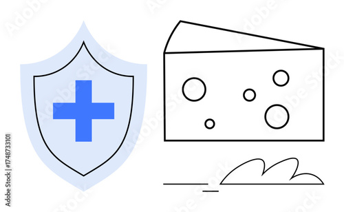 Shield with medical cross represents safety, plus Swiss cheese slice suggests risk prevention or exposure gaps. Ideal for health, safety, protection, risk management, insurance, healthcare policy