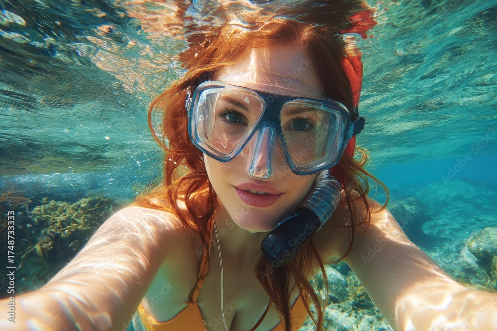 Fototapeta premium Underwater photo of a woman with red hair wearing a snorkeling mask Tropical diving theme Female snorkeler selfie Girl underwater Exotic vacation adventure