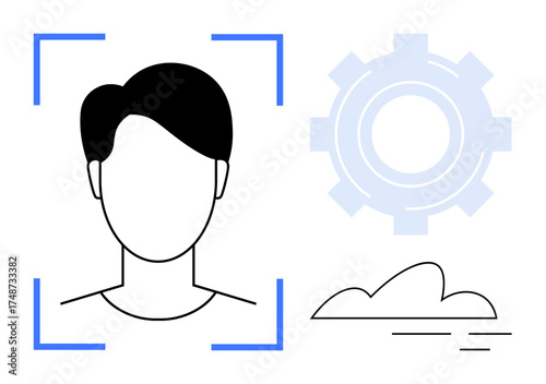 Minimalist head silhouette framed in scanning brackets, gear icon, and cloud shape. Ideal for technology, AI, biometrics, innovation, data analysis cybersecurity futuristic concepts. Simple flat
