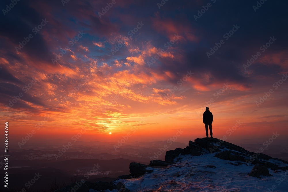 Fototapeta premium A man s outline on a peak at dusk with a stunning sky and sunlight emerging through the clouds